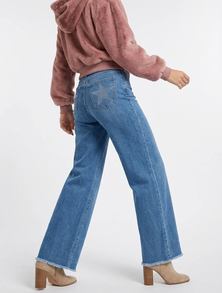 Jeans met wijde pijpen en met sterrenversierde zakken - Blauw - Image 4