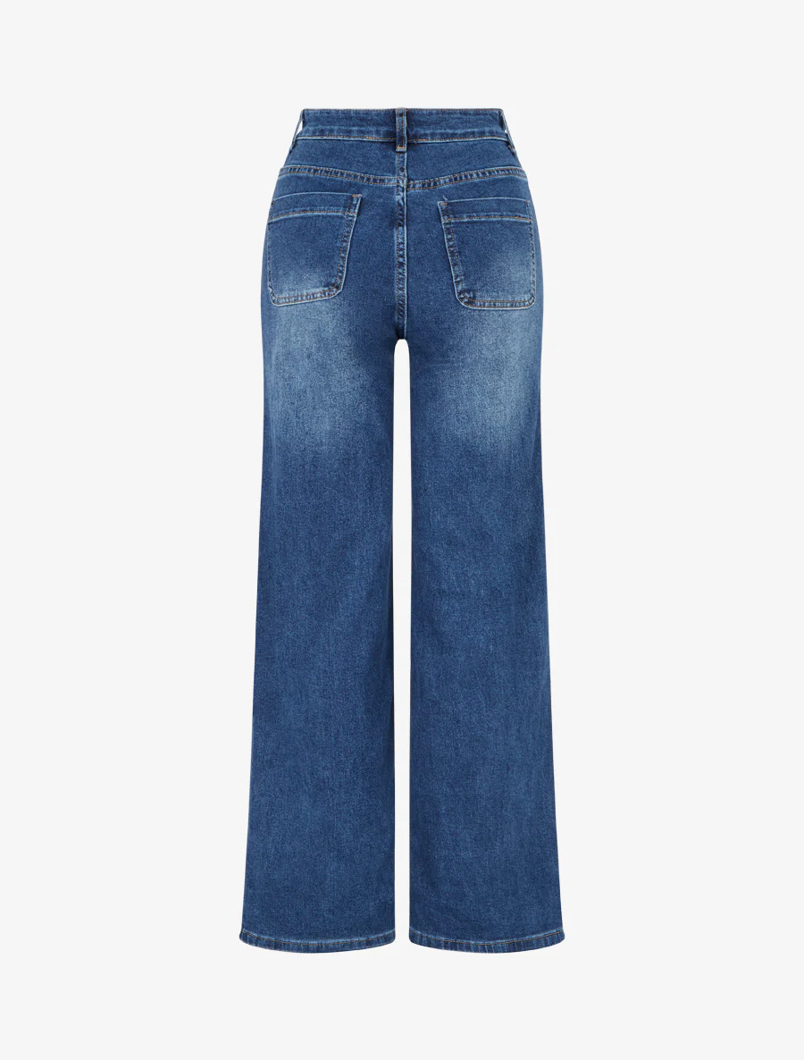 Jeans met wijde pijpen, hoge taille en opgestikte zakken - Blauwe denim - Image 2