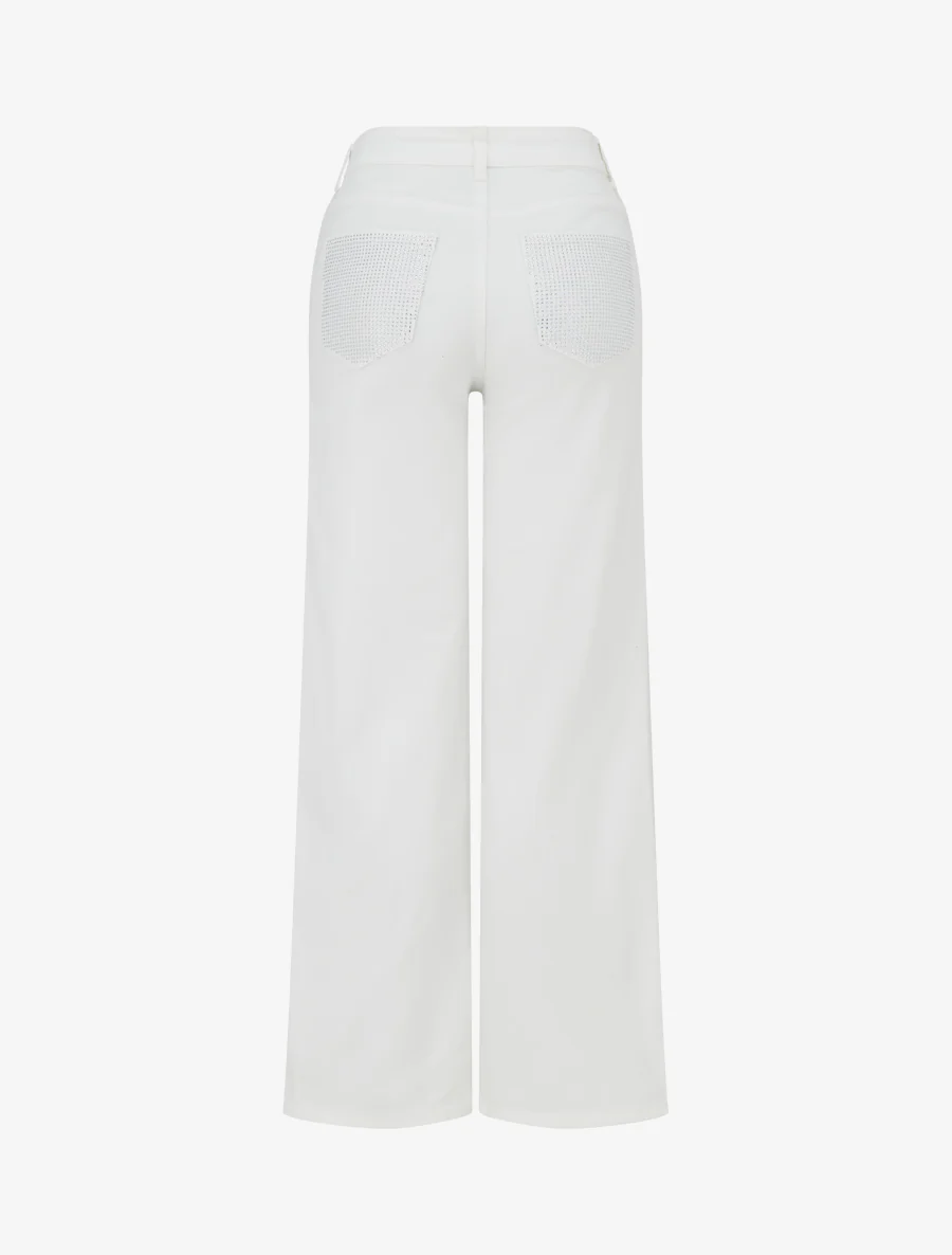 Jeans met wijde pijpen, hoge taille en zakken met strass. - Wit - Image 2