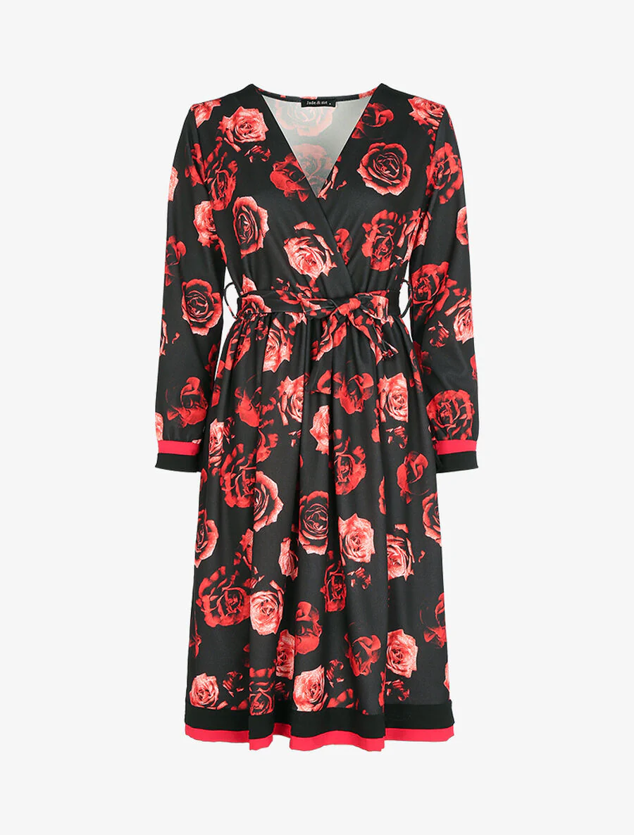 Jurk in jaren 50-stijl met bloemenprint - Zwart