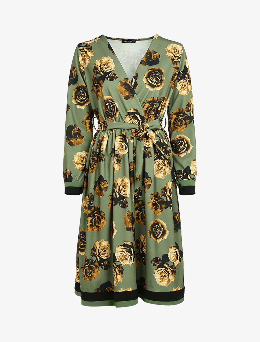 Jurk in jaren 50-stijl met bloemenprint - Kaki