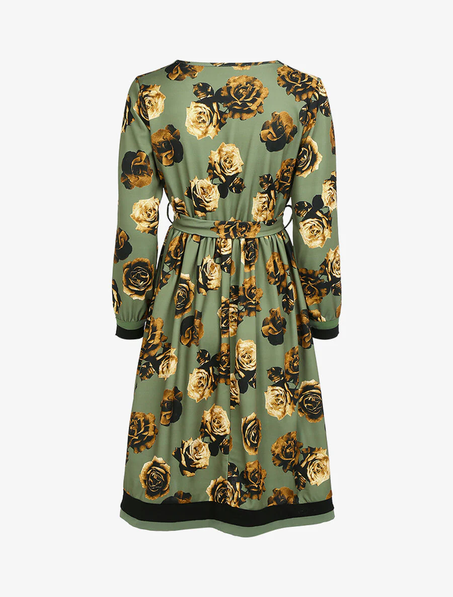 Jurk in jaren 50-stijl met bloemenprint - Kaki - Image 2