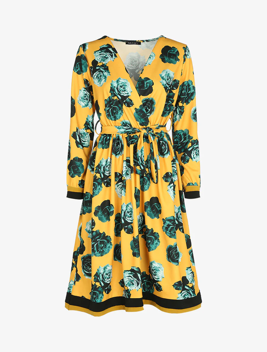Jurk in jaren 50-stijl met bloemenprint - Geel