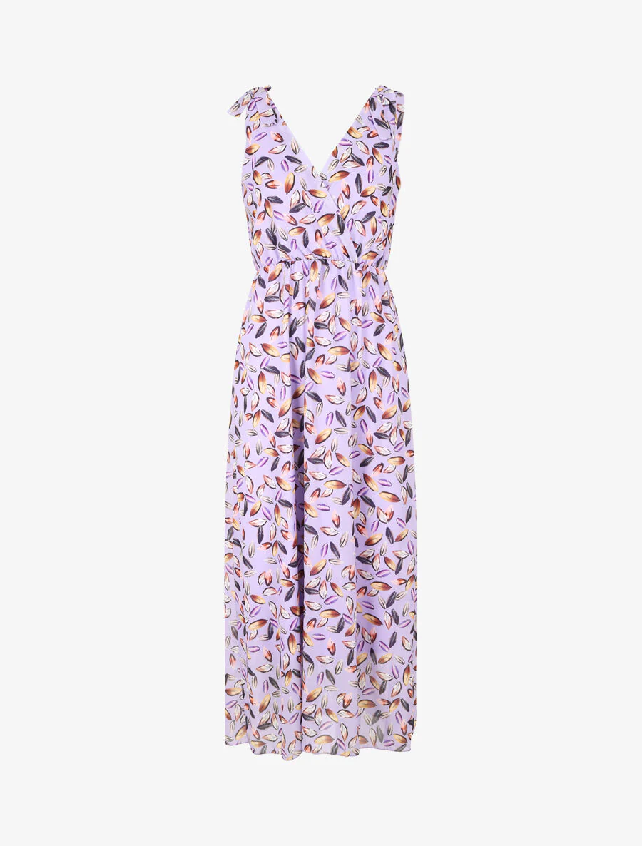 Jurk met bladerenprint met bandjes en knoopdetail - Lila