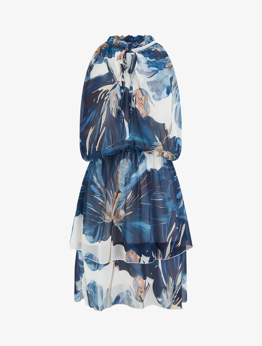Jurk met bloemenprint en elastische taille - Marine