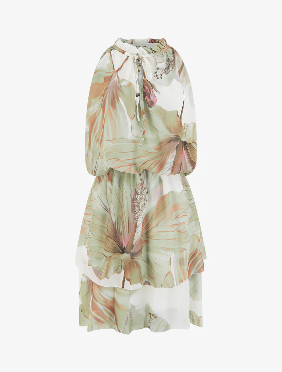 Jurk met bloemenprint en elastische taille - Kaki