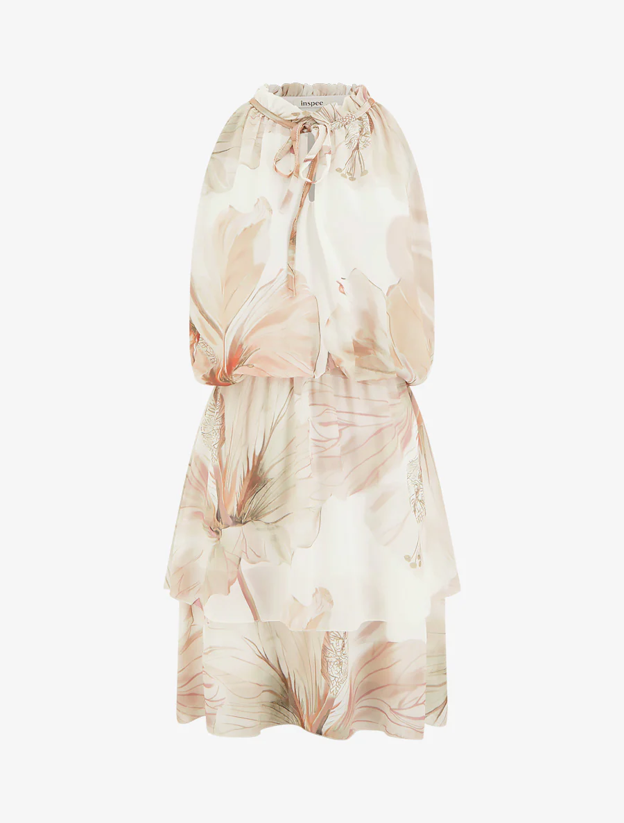 Jurk met bloemenprint en elastische taille - Beige