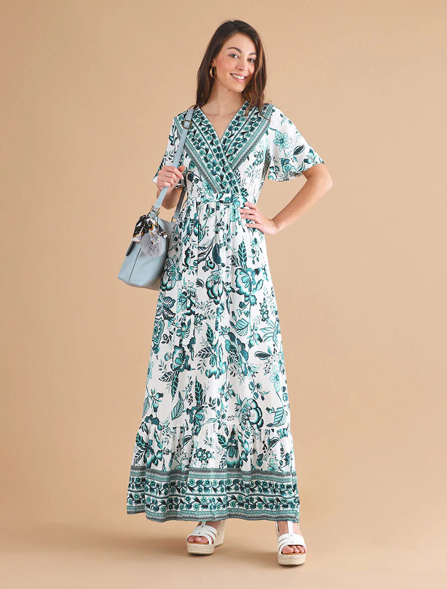 Jurk met bloemige print en elastische taille - groen - Image 4