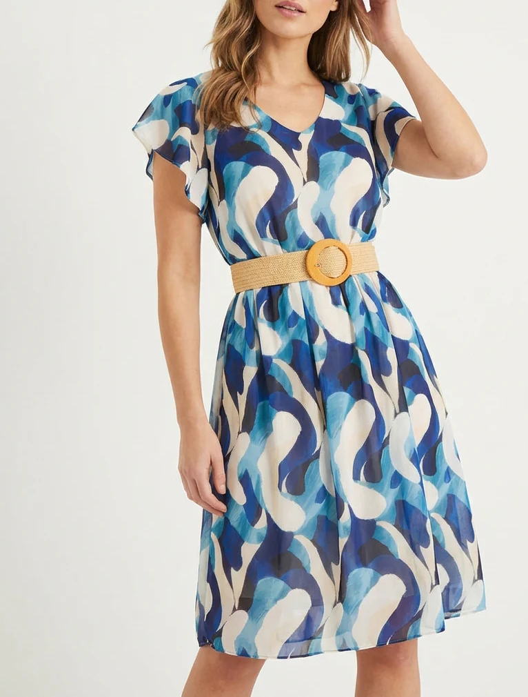 Jurk met gefronste kapmouwtjes met fantasieprint - Marine - Image 4