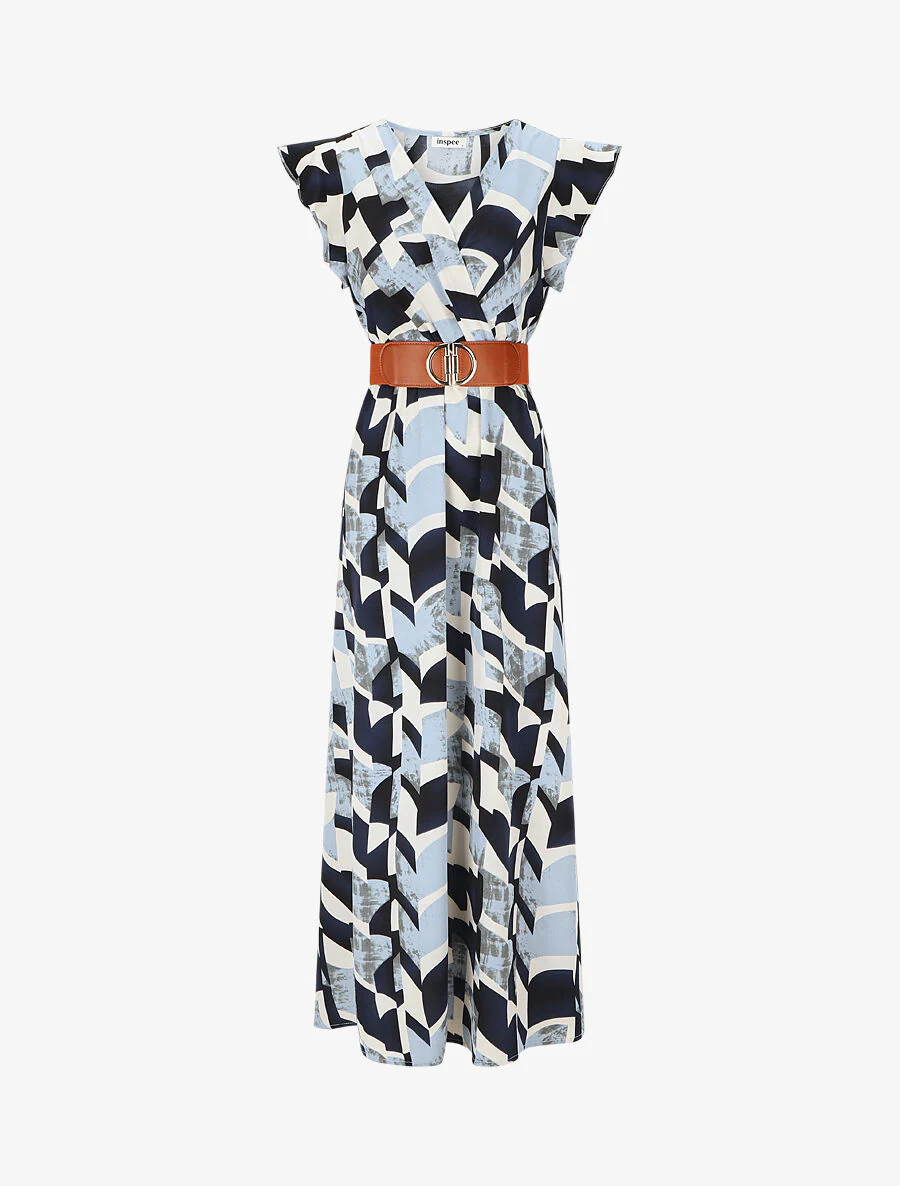 Jurk met grafische print. korte mouwen met ruches - blauw