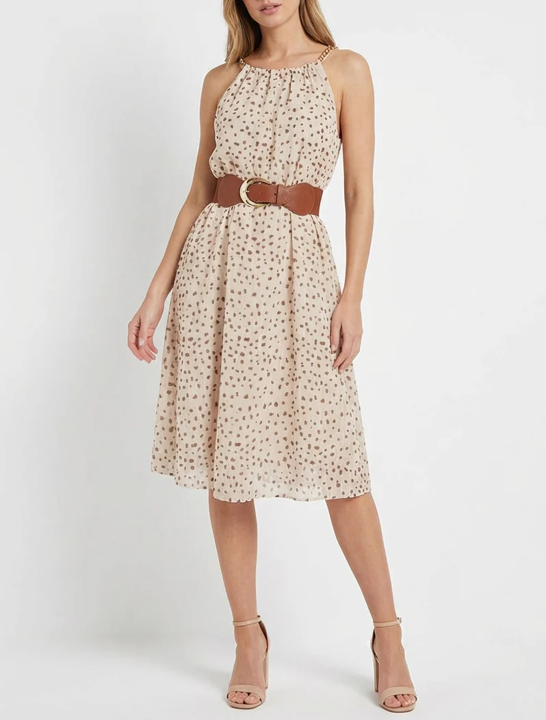 Jurk met kettingbandjes met gespikkeld patroon - Beige - Image 4