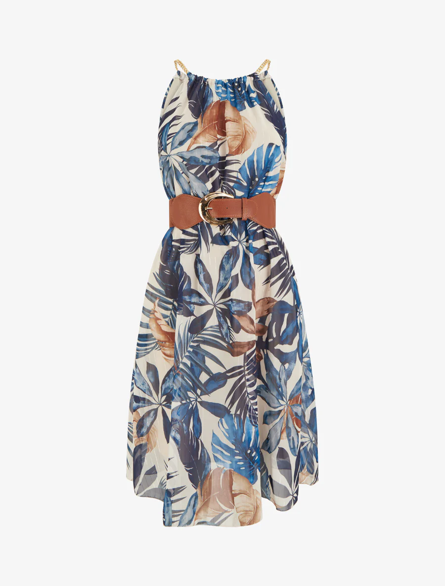 Jurk met kettingbandjes tropische print - Marine