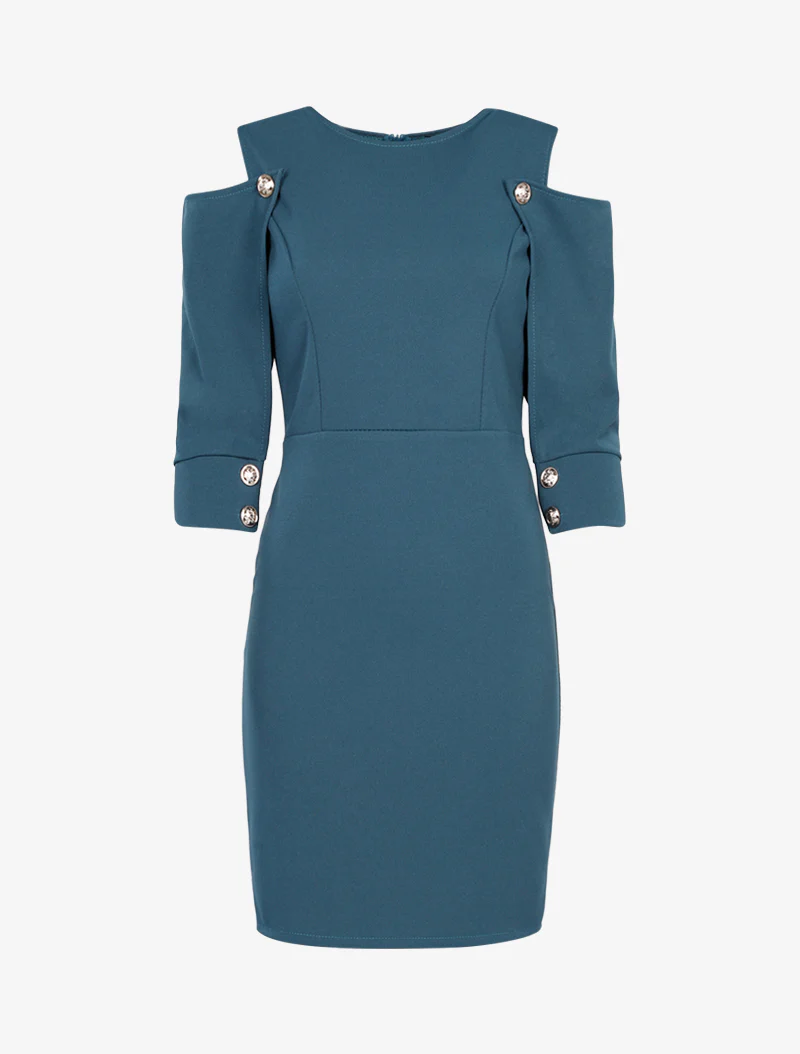 Jurk met knoopmouwen - Eendenblauw