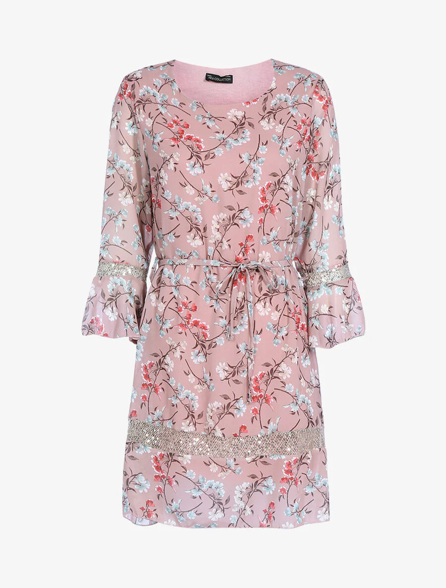 Jurk met landelijke print en pailletten - Roos