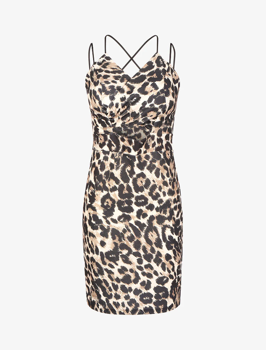 Jurk met opengewerkte buik en dierenprint - Beige