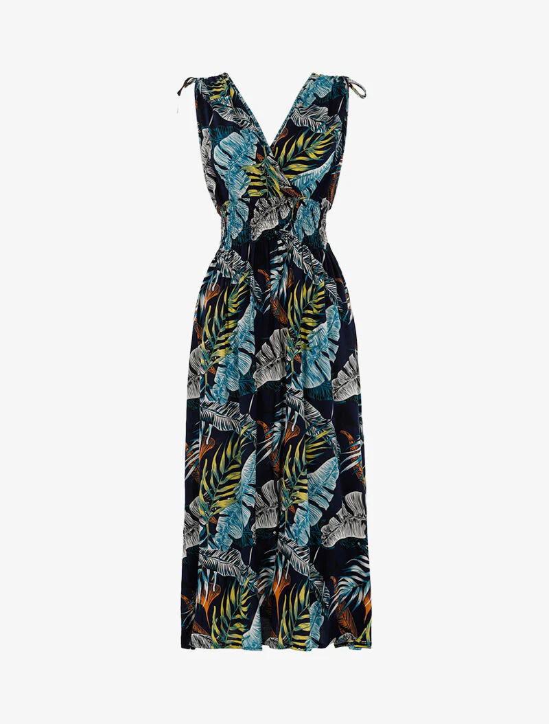 Jurk met overslagtop en tropische print - marineblauw