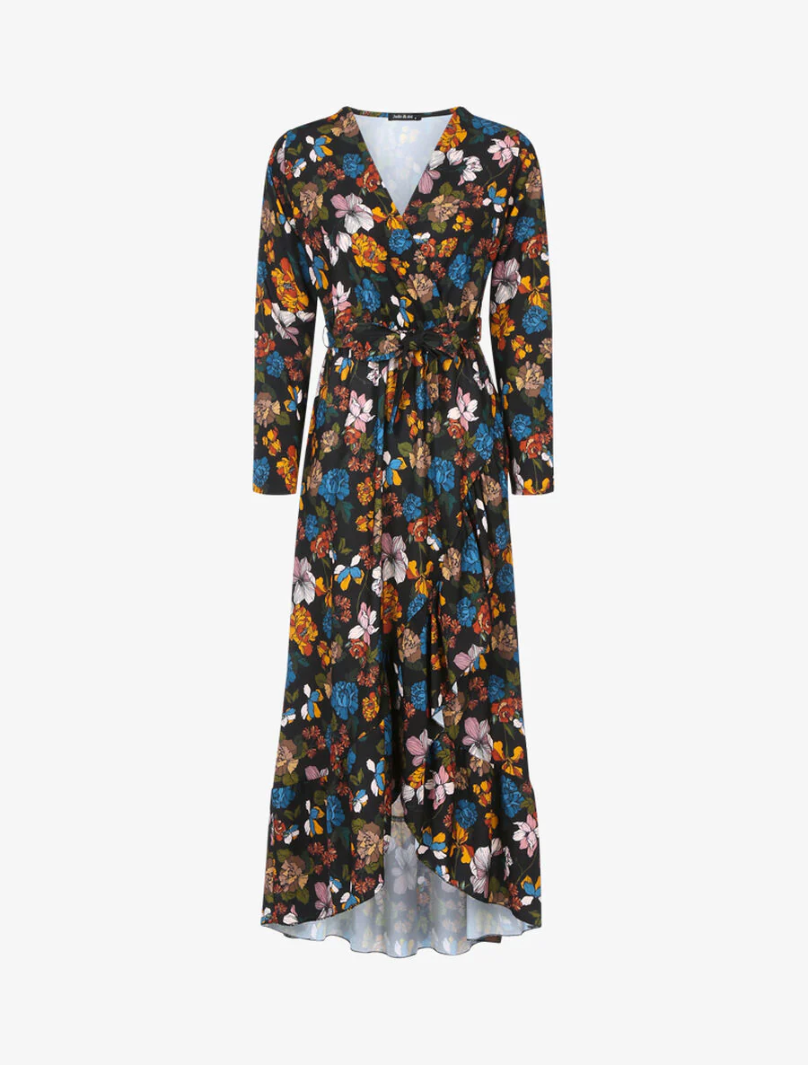 Jurk met ruches en herfstbloemenprint - Zwart