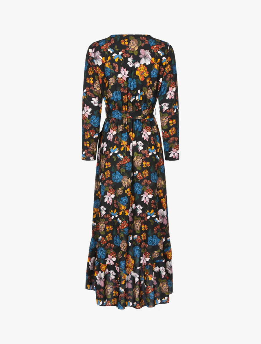 Jurk met ruches en herfstbloemenprint - Zwart - Image 2