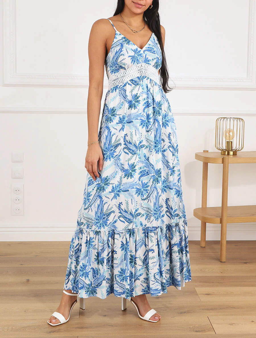 Jurk met sjaalprint met ruches aan de onderkant - blauw - Image 4