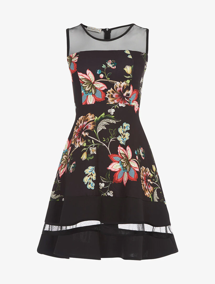 Jurk met transparante inzetstukken en bloemen - Zwart