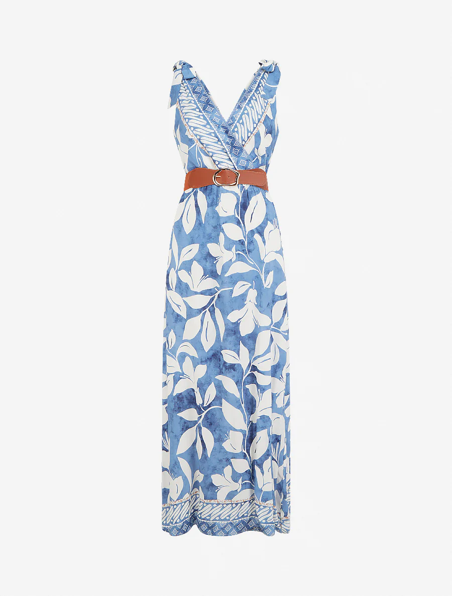 Jurk met tropische bloemenprint en strikbandjes - Lichtblauw