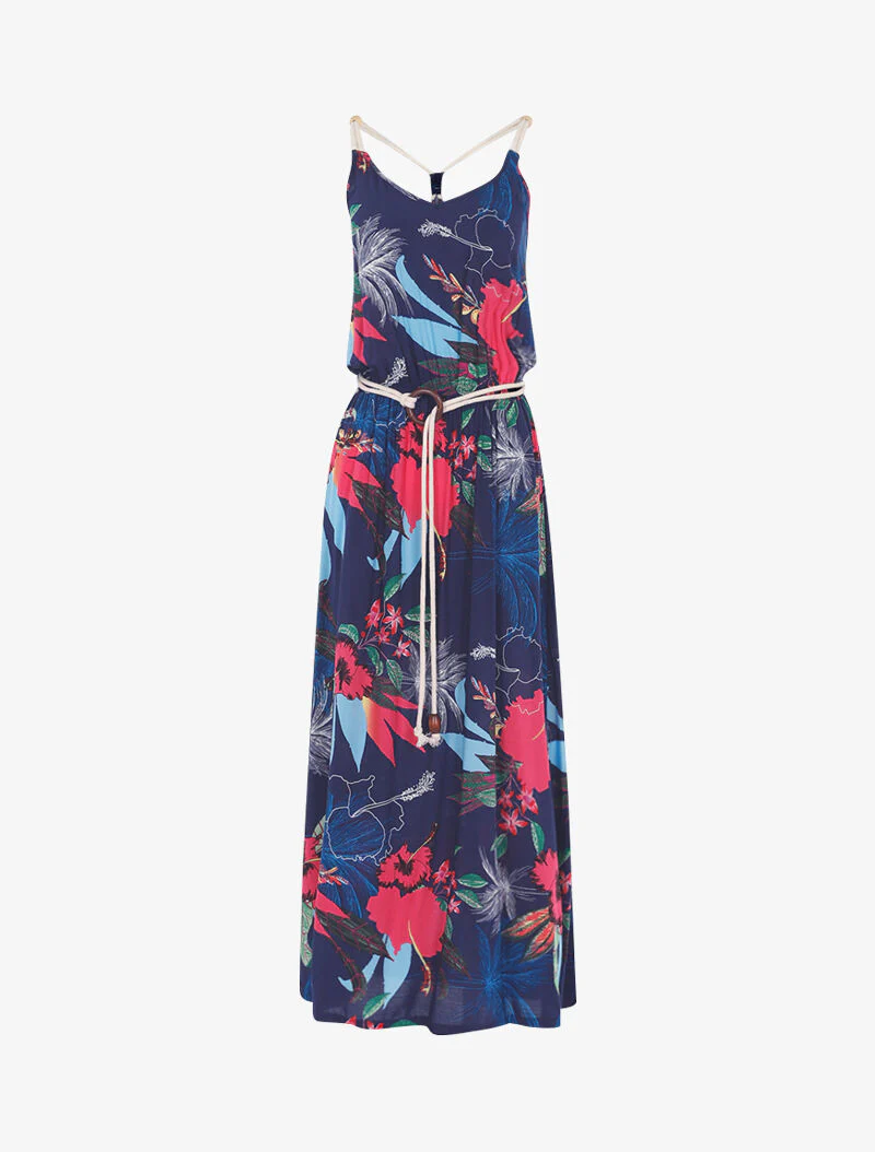 Jurk met tropische print en koordstijl details - marineblauw