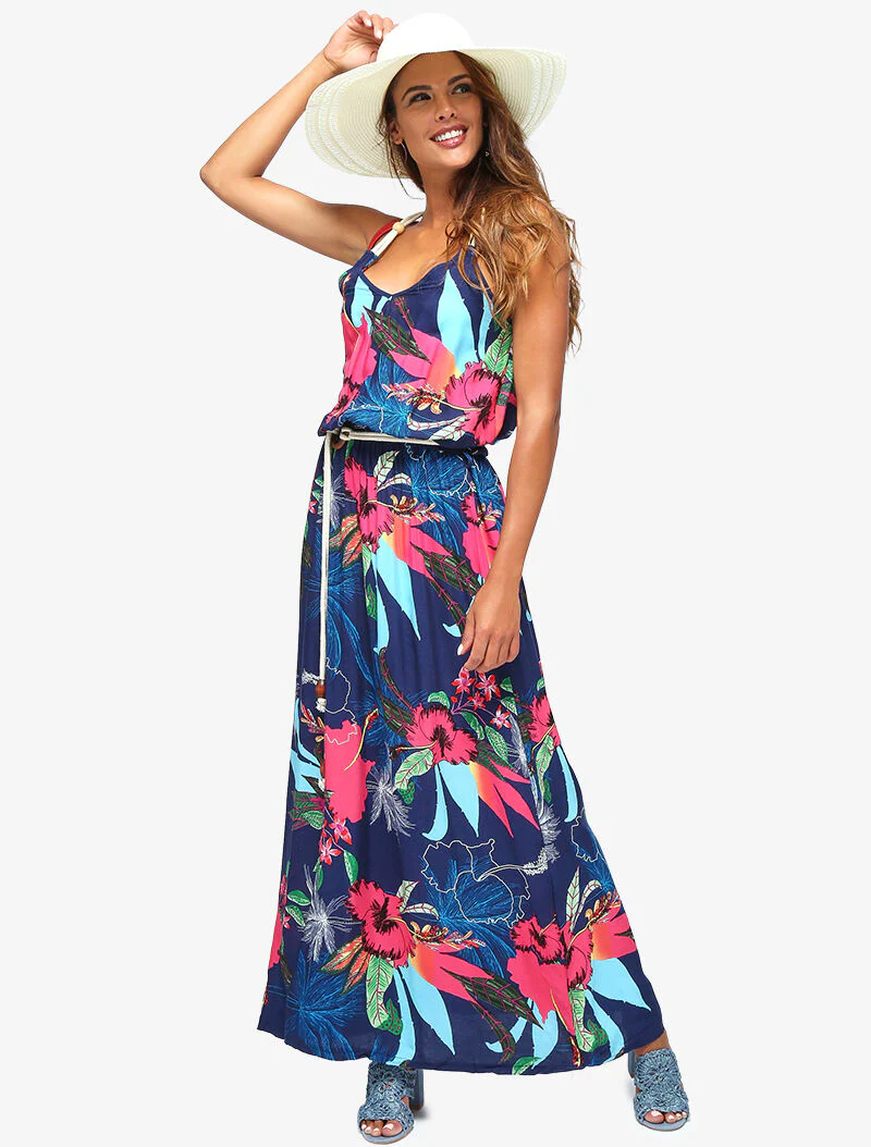 Jurk met tropische print en koordstijl details - marineblauw - Image 3