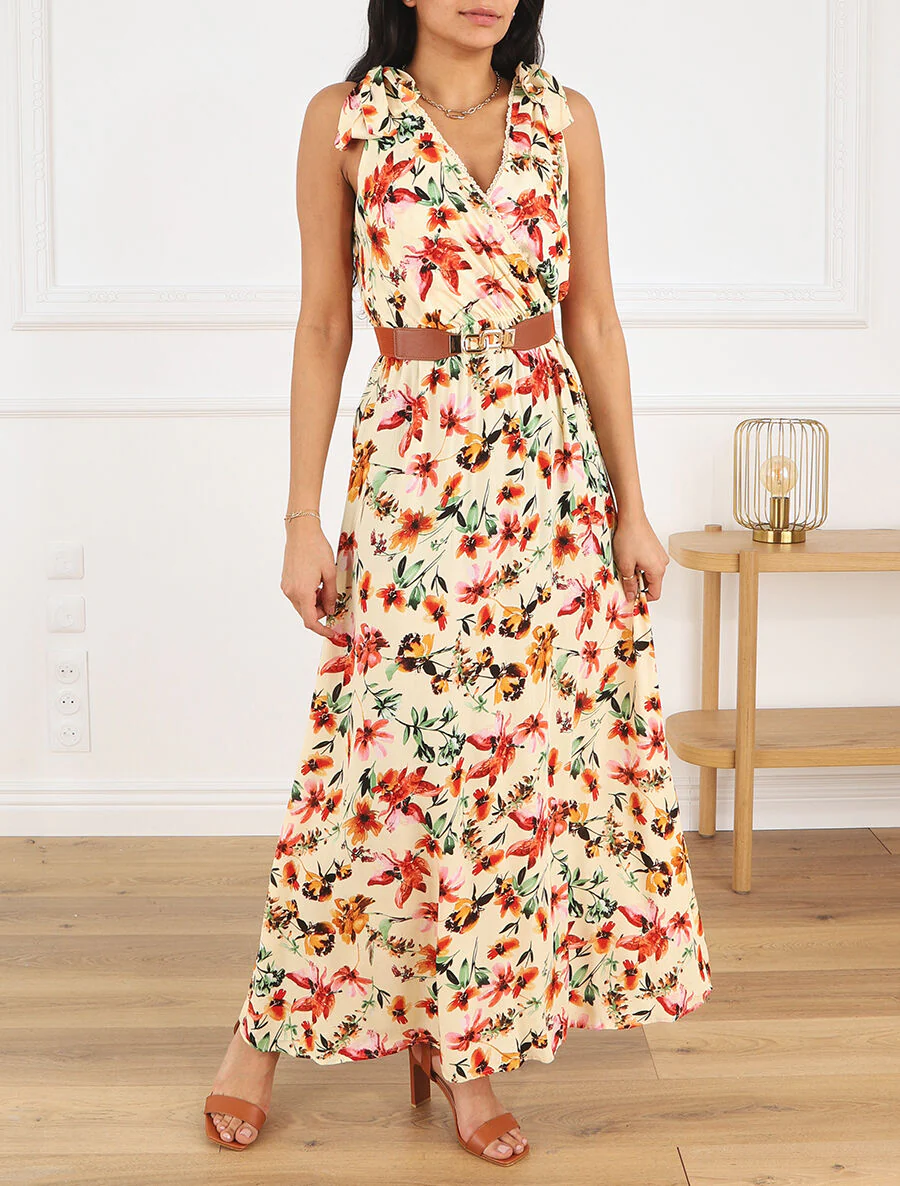 Jurk met V-hals met bloemige print - Beige - Image 4