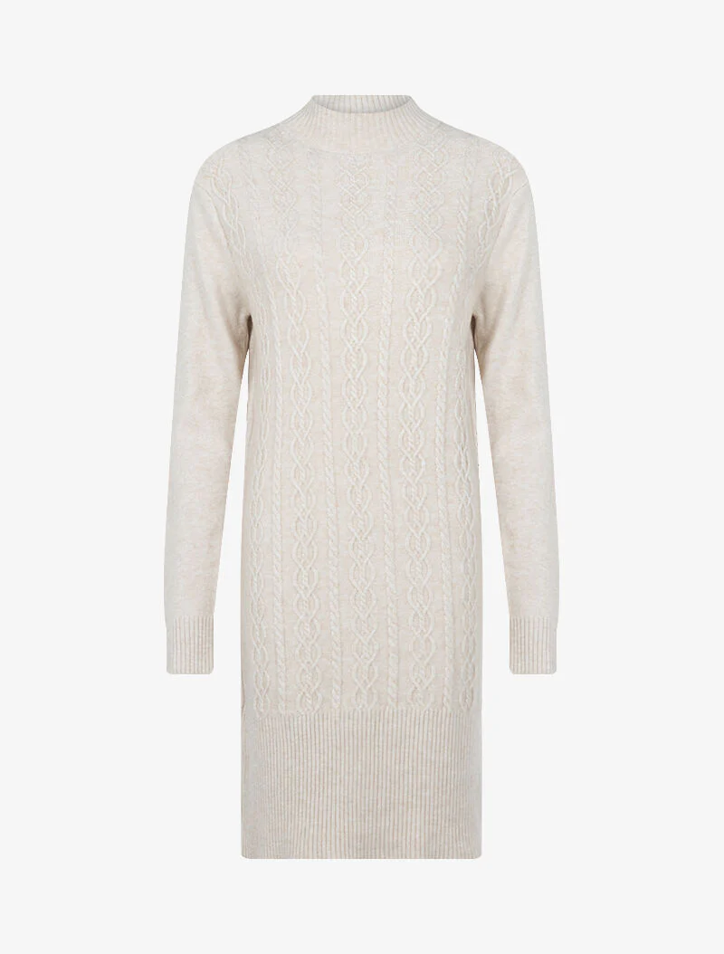 Gebreide jurk met gevlochten strepen - beige