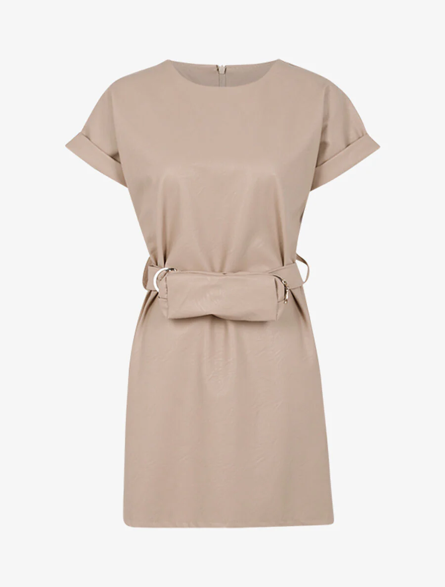Jurk van imitatieleer met bananeriem - Beige