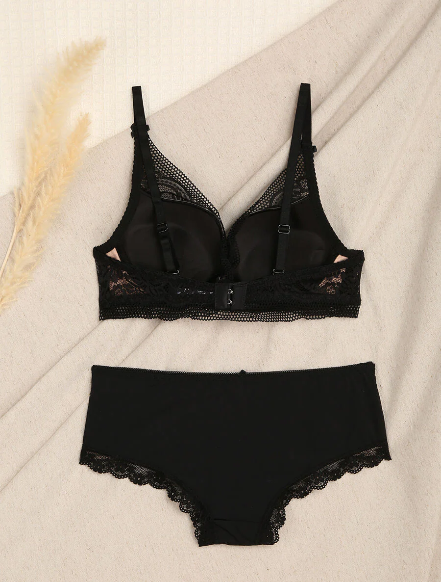 Kanten set met bloemen - Zwart/nude - Image 2