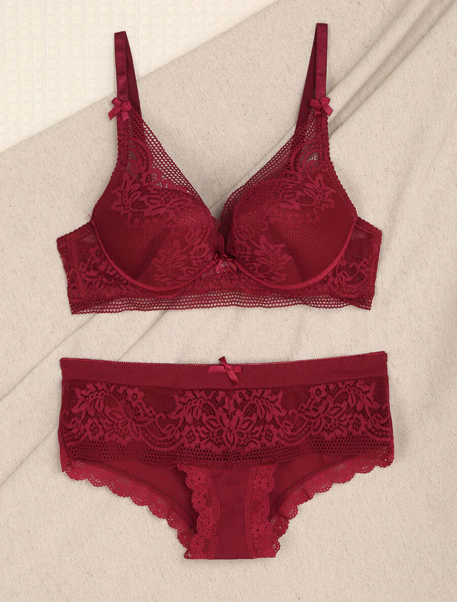 Kanten set met bloemen - Bordeaux