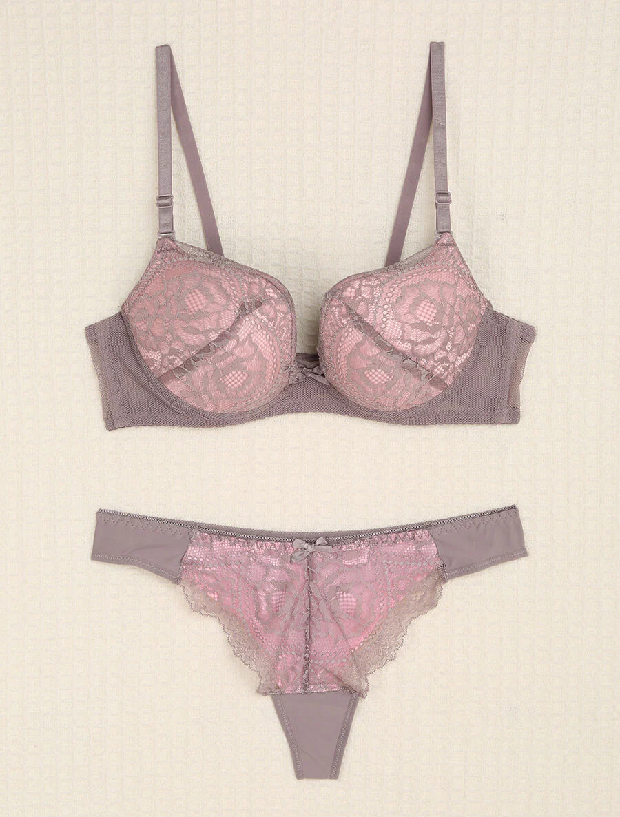 Kant- en tule set met strikjes - Grijs/roze