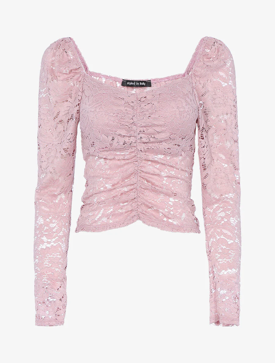 Kanten crop top met geschulpte rand - Roos