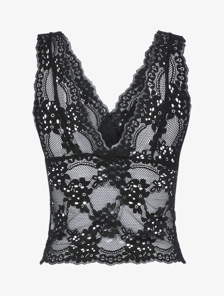 Kanten crop top met geschulpte rand - Zwart - Image 2