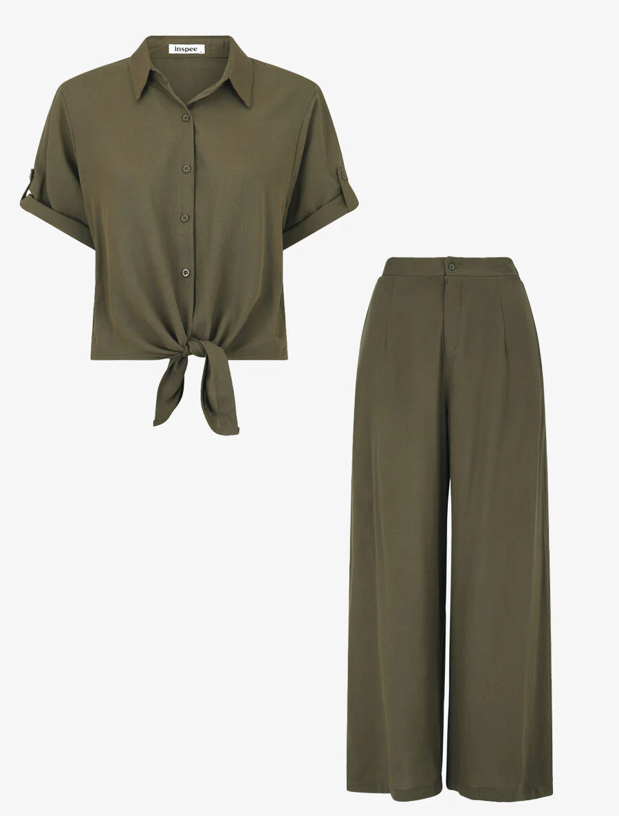 Knoop-top en broek - Kakigroen