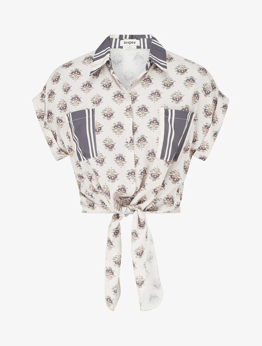 Kort bloemenprint knoopblouse - Donkergrijs
