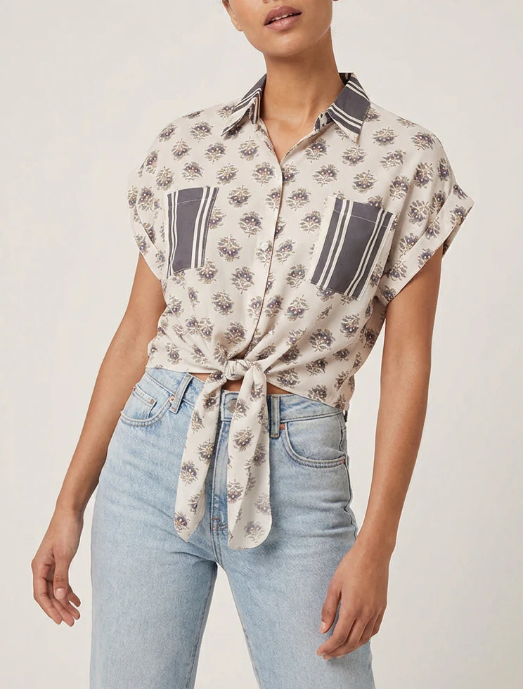 Kort bloemenprint knoopblouse - Donkergrijs - Image 4