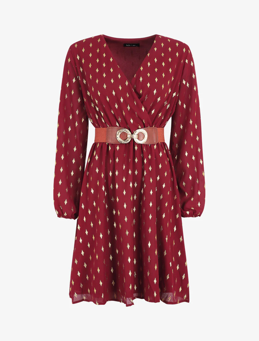 Korte jurk met iriserende grafische print - Bordeaux