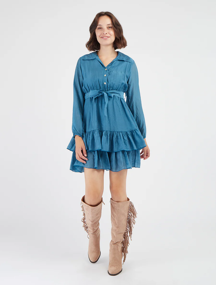 Korte jurk met ruches - Blauw