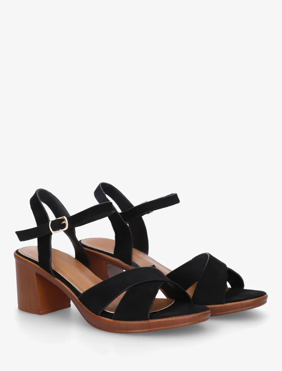 Kruisband suède sandalen met blokhak - Zwart - Image 4
