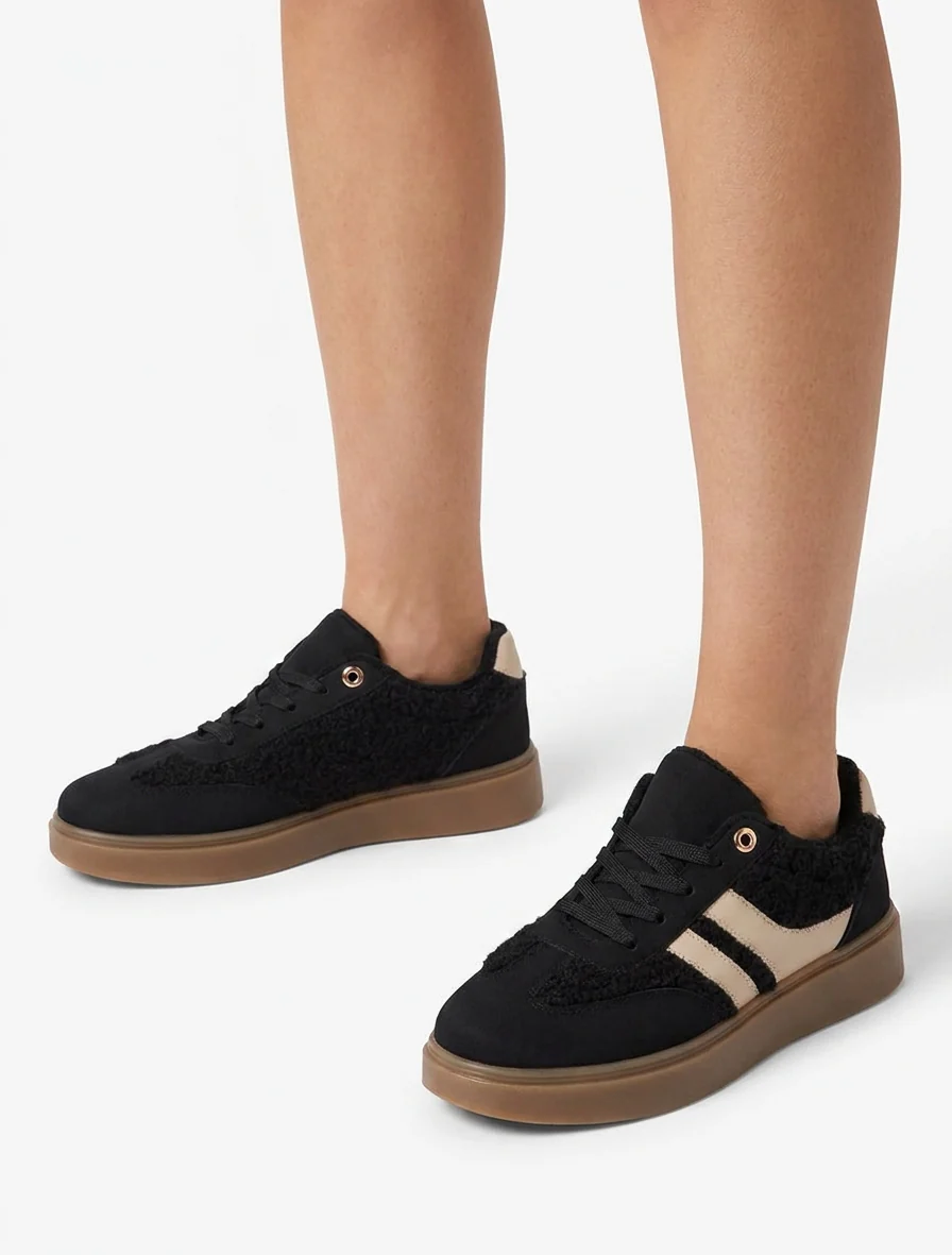 Lage sneakers met inzetstuk in bouclé-wol effect - Zwart - Image 5
