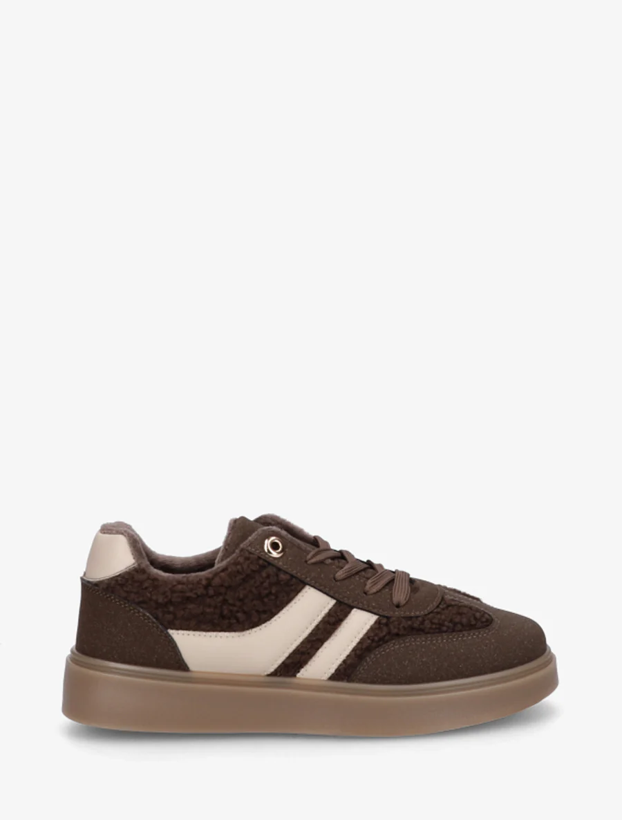 Lage sneakers met inzetstuk in bouclé-wol effect - Bruin