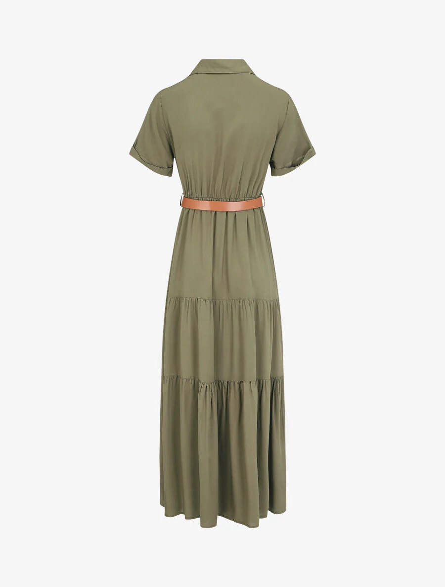 Lange effen jurk met elastische taille - Khaki - Image 2