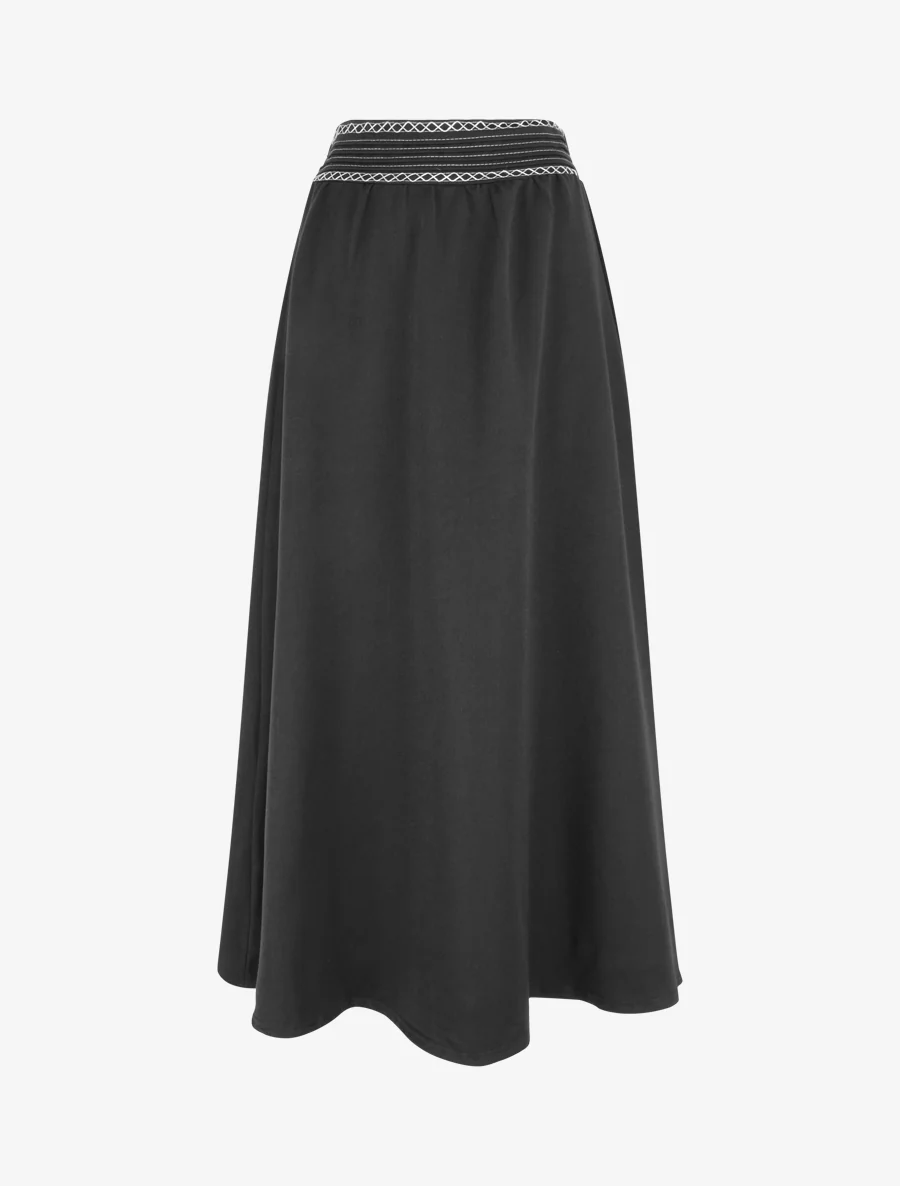 Lange effen rok met geborduurd detail - Zwart