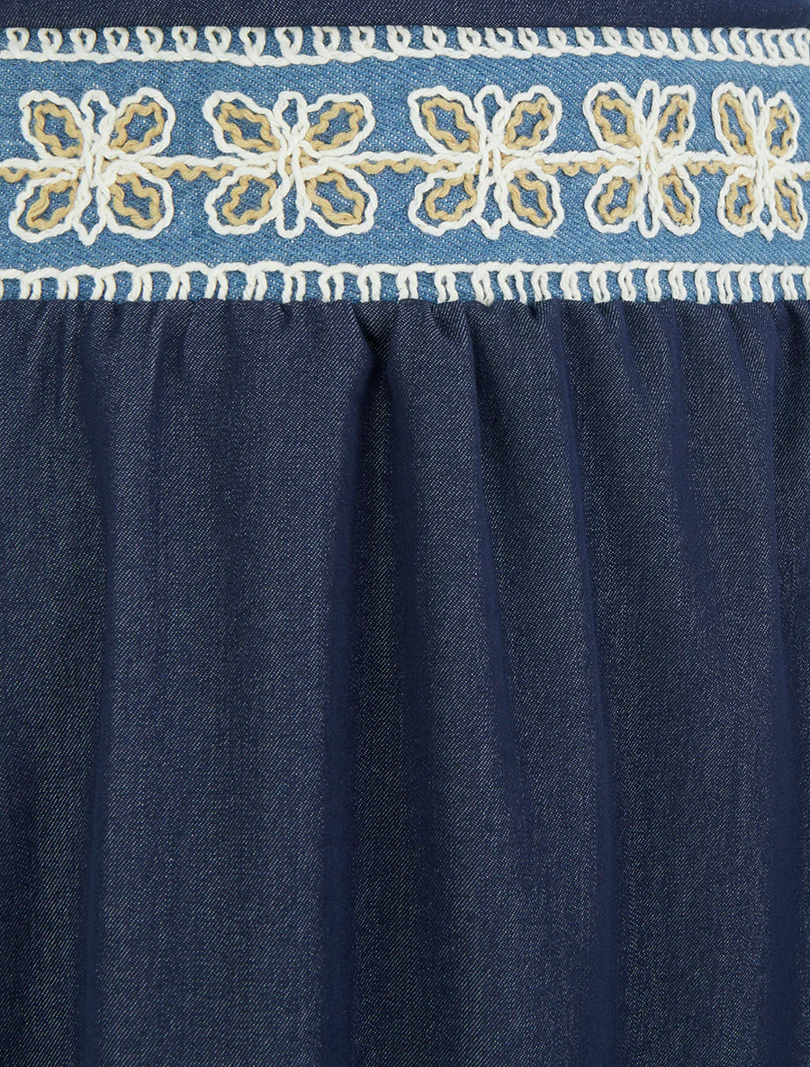 Lange effen rok met geborduurde band. - Marine - Image 3