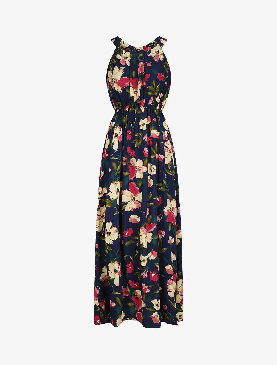 Lange geprinte reuzenmargrieten jurk - Marine/roze