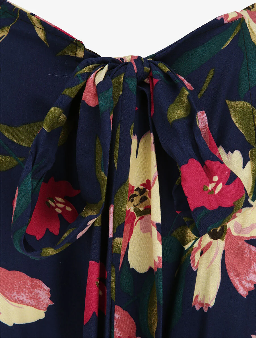 Lange geprinte reuzenmargrieten jurk - Marine/roze - Image 3