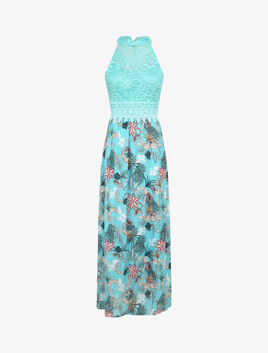 Lange jurk met barok bloemenprint en kanten lijfje - Lagonblauw