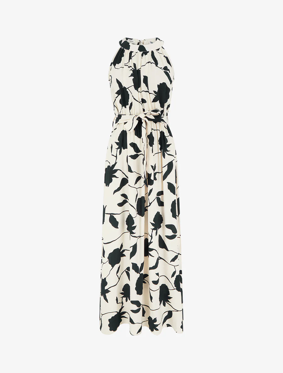 Lange jurk met bloemenprint en elastiek - Zwart